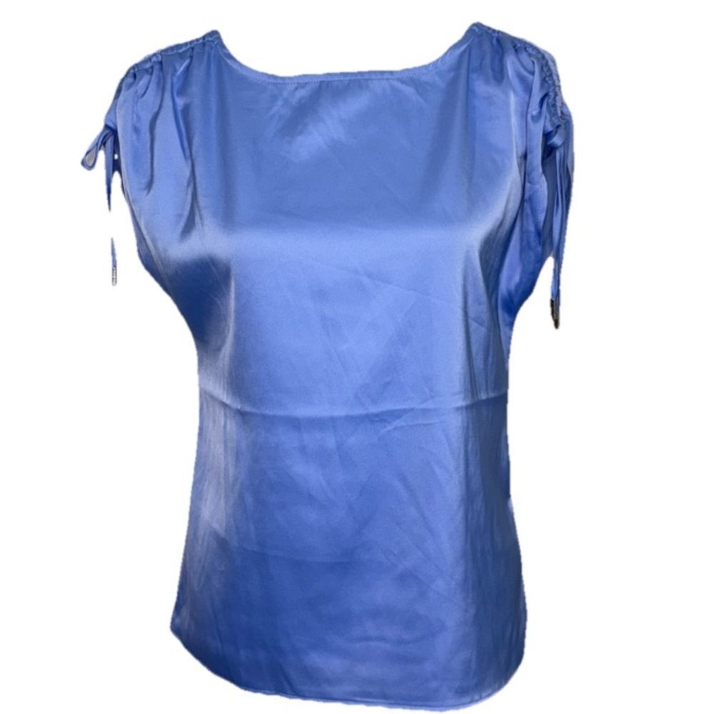 NINE WEST TOP BLOUSE CALIFORNIA SKY COLOR SLEEVELESS DRAWSTRINGS ON SHOULDERS